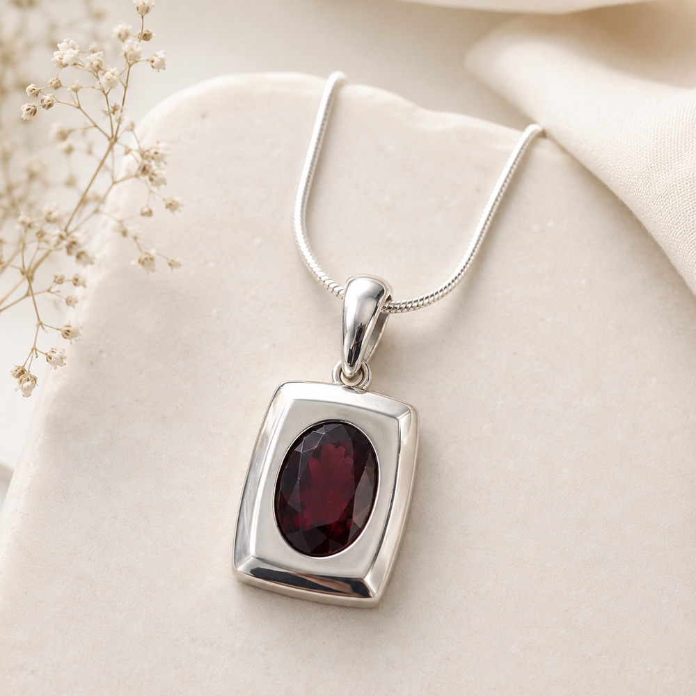 Sterling Silver Deep Red Garnet Pendant Necklace 24" Italy Snake Chain Modernist